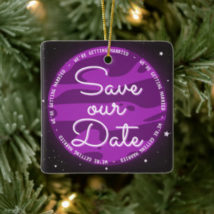 Purple Planet Space Themed Save Our Date Ceramic Ornament