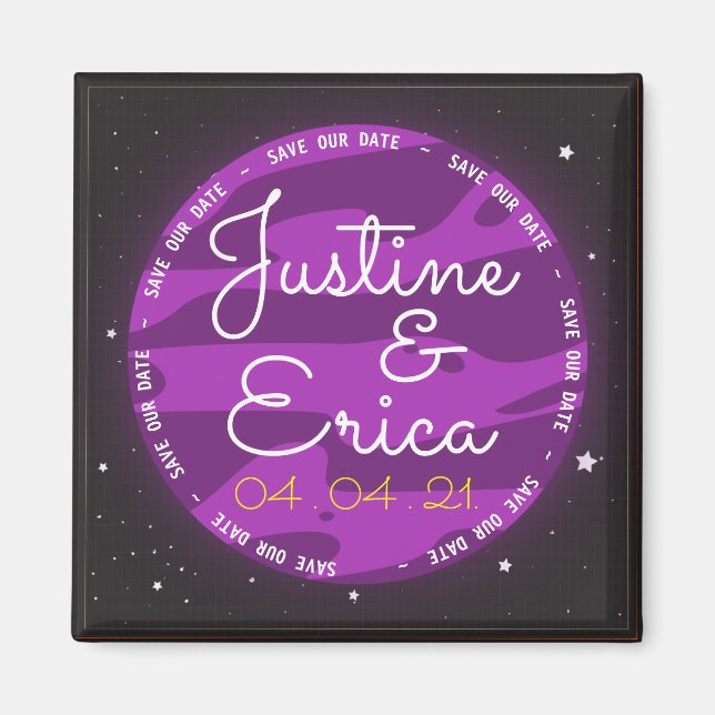 Purple Planet Space Themed Save Our Date Magnet (Front)