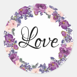 Purple, Plum and Blush Pink Floral Wreath Love Classic Round Sticker