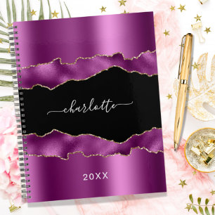 Purple plum black agate marble name script 2023 planner