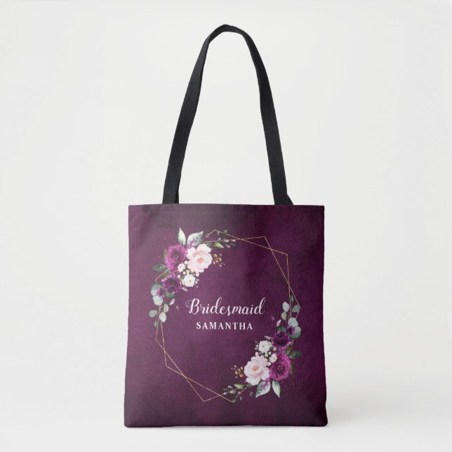 Purple Plum Blush Pink Floral Bridesmaid gift Tote (Front)
