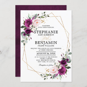 Purple plum Blush Pink Rose Boho Geometric Wedding Invitation