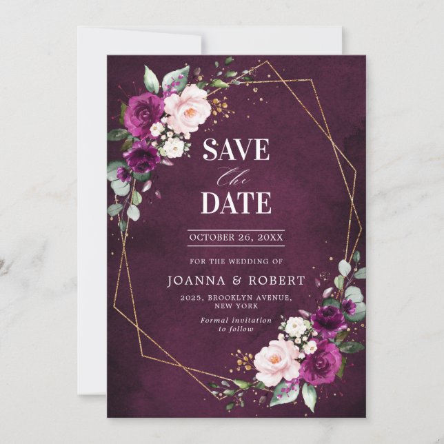 Purple plum Blush Pink Rose Boho Geometric Wedding Save The Date (Front)