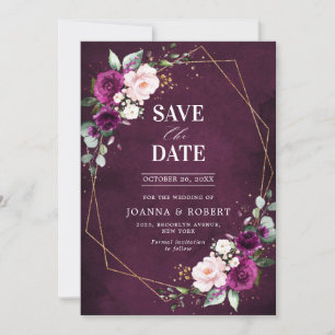 Purple plum Blush Pink Rose Boho Geometric Wedding Save The Date