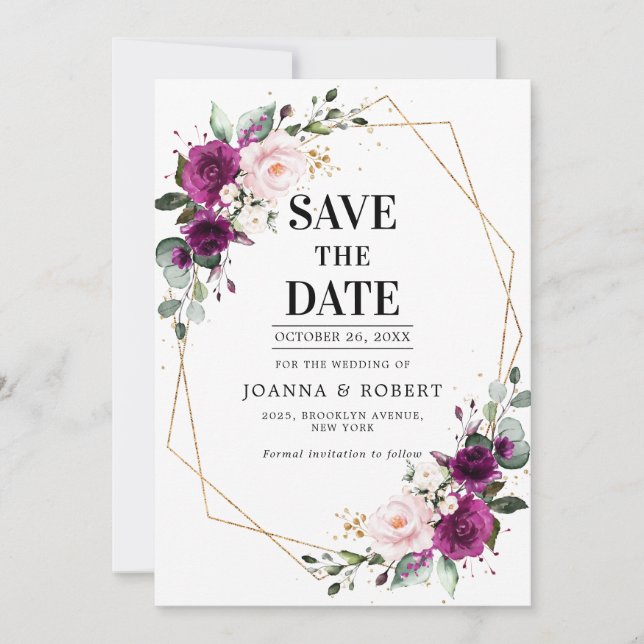 Purple plum Blush Pink Rose Boho Geometric Wedding Save The Date (Front)