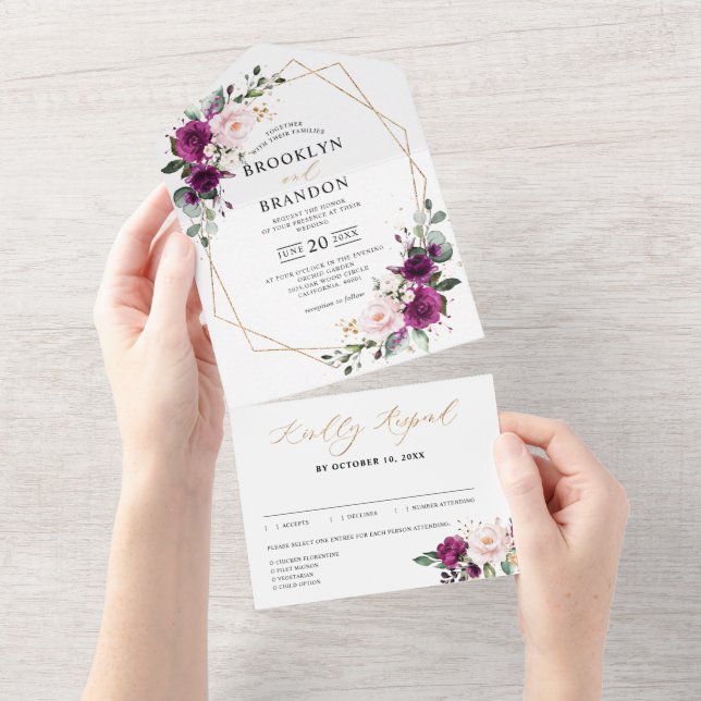  Purple Plum Blush Pink Roses Geometric Wedding All In One Invitation (Tearaway)
