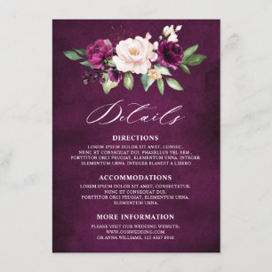 Purple Plum Blush Pink Roses Wedding Details Enclosure Card