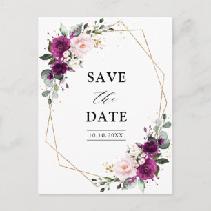 Purple Plum Blush Roses Geometric Save the Date Postcard