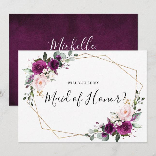 Purple Plum Blush Will You Be My Maid of Honour Invitation (Front/Back)