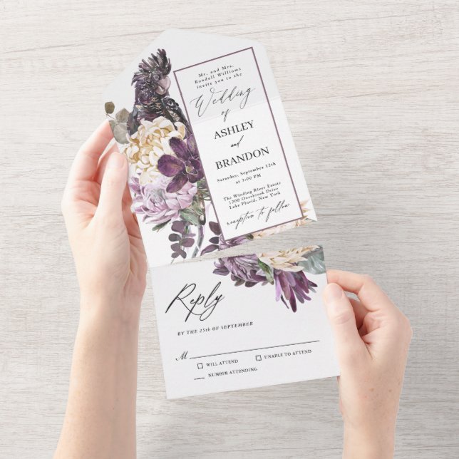Purple Plum Boho Luxurious Tropical Floral Wedding All In One Invitation (Tearaway)