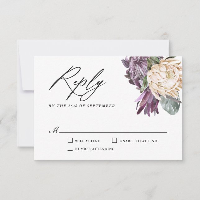 Purple Plum Boho Tropical Wedding RSVP (Front)