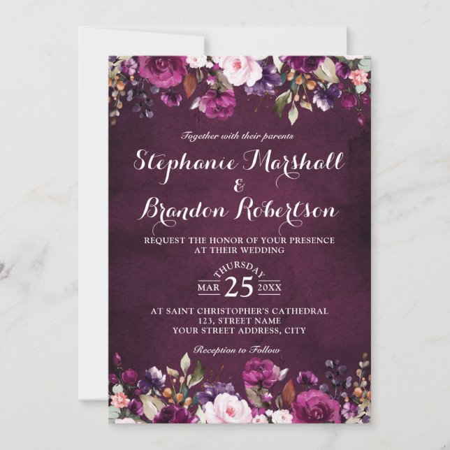 Purple Plum Burgundy Watercolor Floral Rustic Invitation (Front)