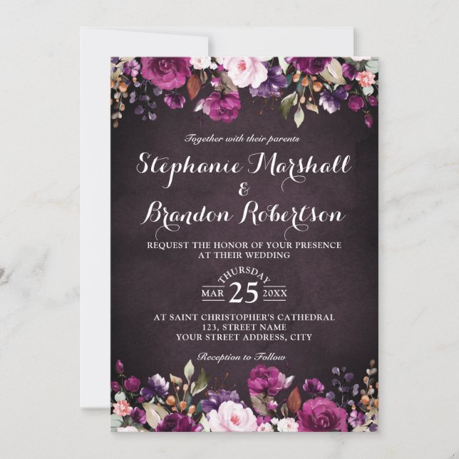 Purple Plum Burgundy Watercolor Floral Rustic Invitation (Front)