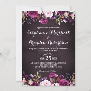 Purple Plum Burgundy Watercolor Floral Rustic Invitation