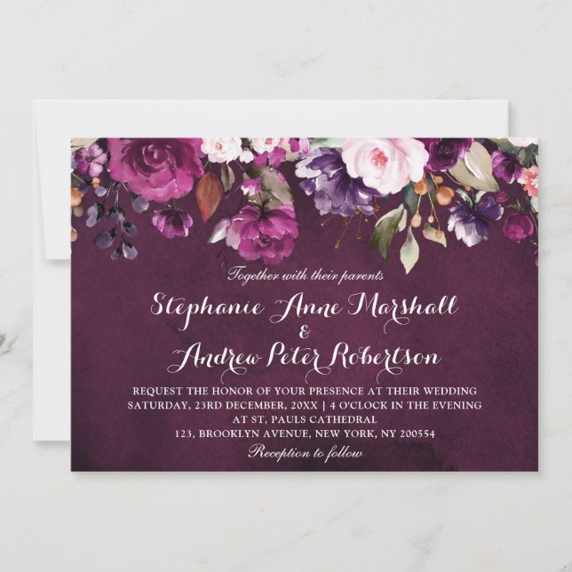 Purple Plum Burgundy Watercolor Floral Rustic Invitation (Front)