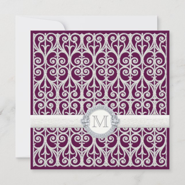 Purple Plum Diamonds & Lace, Monogrammed Wedding Invitation (Front)