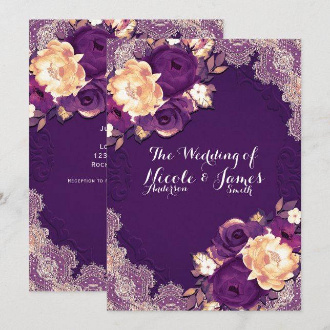 Purple Plum Elegant Lace Floral Country  Wedding Invitation (Front/Back)