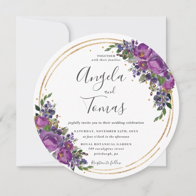 Purple Plum Floral Wedding Gold Glitter Circle Invitation (Front)
