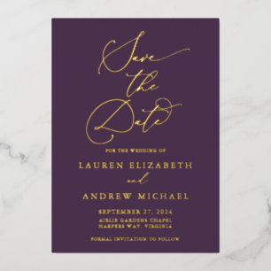 Purple Plum Gold Foil Minimalist Save the Date