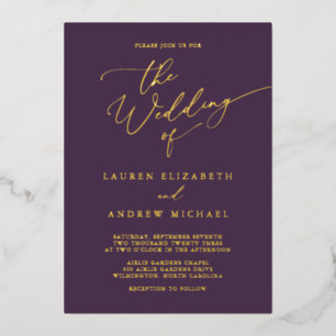 Purple Plum Gold Foil Monogram Minimalist Wedding