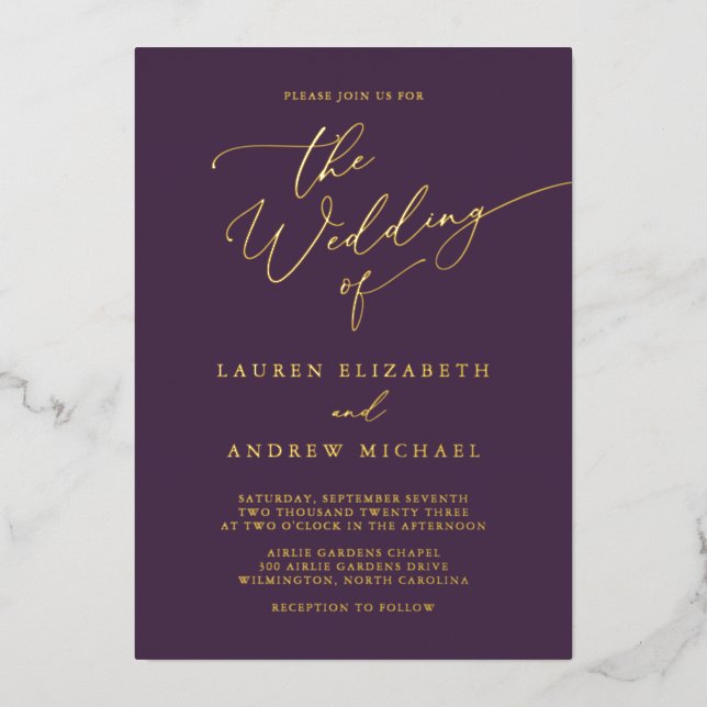 Purple Plum Gold Foil Monogram Minimalist Wedding (Front)