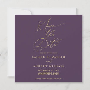 Purple Plum Gold Minimalist Save the Date Square Invitation
