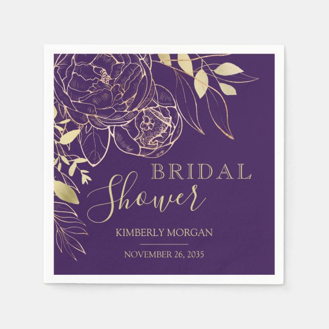 Purple Plum & Gold Modern Floral Bridal Shower Nap Napkin (Front)