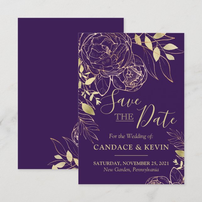 Purple Plum & Gold Peony Modern Floral Wedding Save The Date (Front/Back)