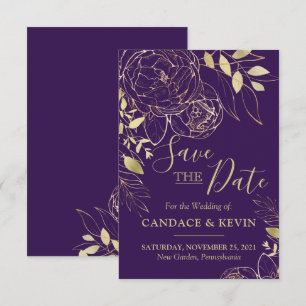 Purple Plum & Gold Peony Modern Floral Wedding Save The Date