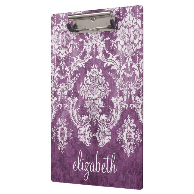 Purple Plum Grunge Damask Pattern with Name Clipboard (Left)