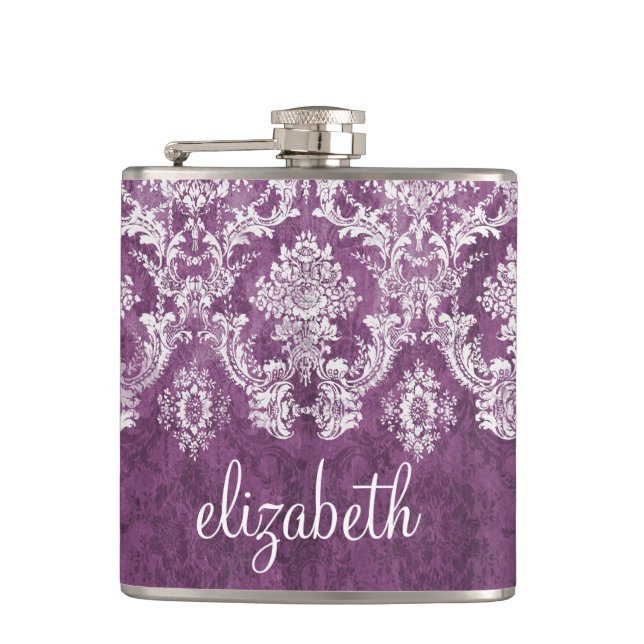 Purple Plum Grunge Damask Pattern with Name Hip Flask (Front)