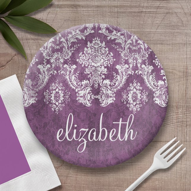 Purple Plum Grunge Damask Pattern with Name Paper Plate (Personalized birthday party plate with area for name)