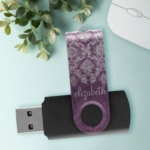 Purple Plum Grunge Damask Pattern with Name USB Flash Drive