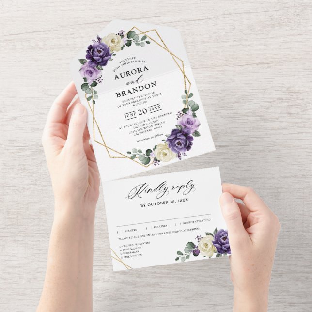Purple Plum Ivory Gold Floral Geometric Wedding All In One Invitation (Tearaway)