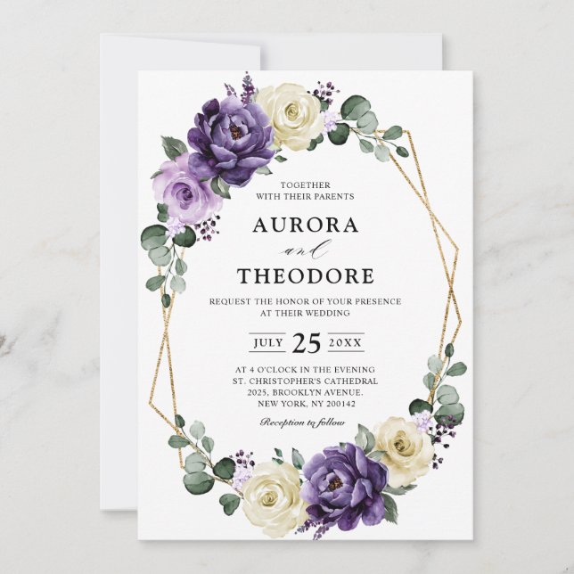 Purple Plum Ivory Gold Floral Geometric Wedding Invitation (Front)