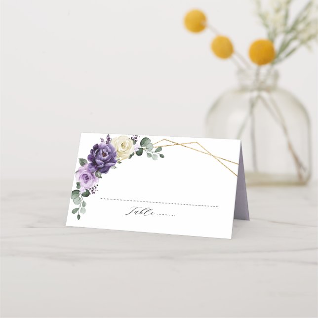 Purple Plum Ivory Gold Floral Geometric Wedding Place Card (Front)