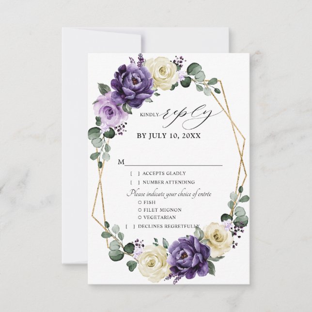 Purple Plum Ivory Gold Floral Geometric Wedding RSVP Card (Front)