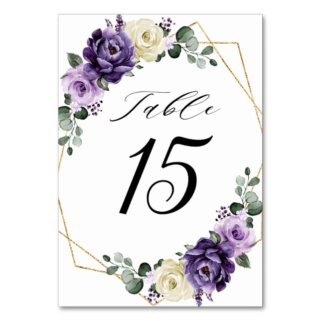 Purple Plum Ivory Gold Floral Geometric Wedding Table Number (Front)