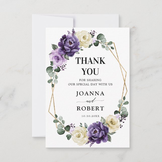 Purple Plum Ivory Gold Floral Geometric Wedding Thank You Card (Front)