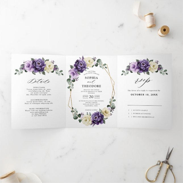 Purple Plum Ivory Gold Floral Geometric Wedding Tri-Fold Announcement (Inside)