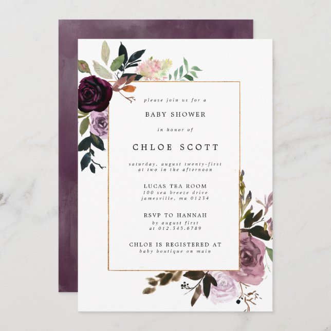 Purple Plum Mauve Pink Floral Baby Shower Invitation (Front/Back)