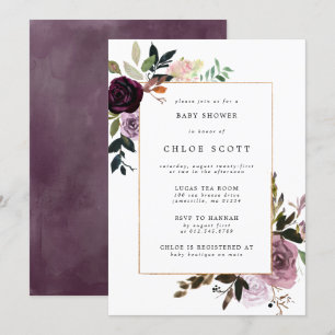 Purple Plum Mauve Pink Floral Baby Shower Invitation