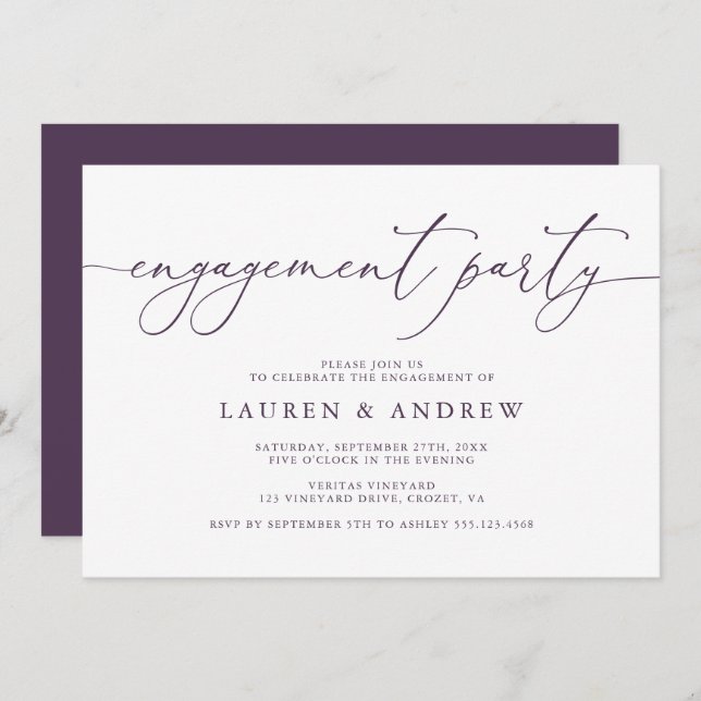 Purple Plum Minimalist Engagement Party Invitation (Front/Back)