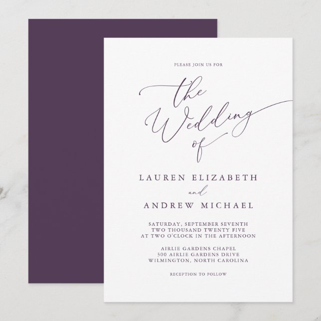 Purple Plum Modern Minimalist Wedding Invitation (Front/Back)