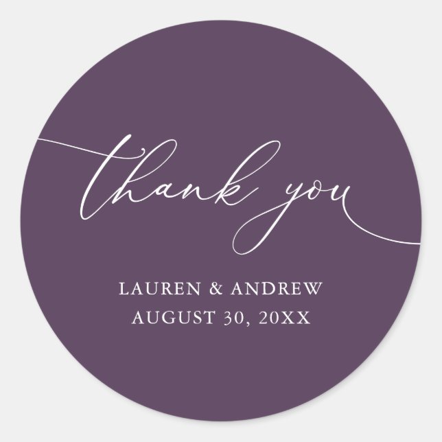 Purple Plum Modern Minimalist Wedding Thank You Classic Round Sticker (Front)