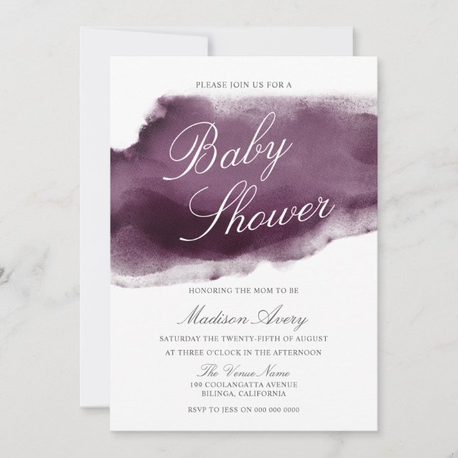 Purple Plum Modern Watercolor Baby Shower Invitation (Front)