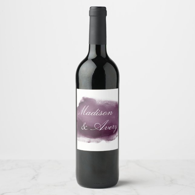 Purple Plum Modern Watercolor Romantic Wedding Wine Label (Front)