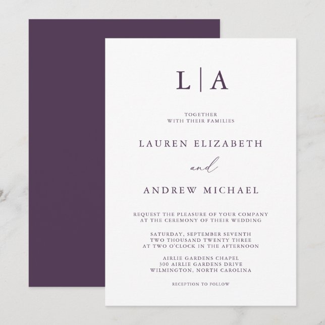 Purple Plum Monogram Simple Minimalist Wedding Inv Invitation (Front/Back)