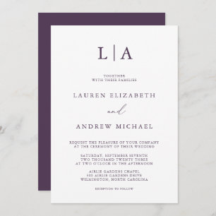 Purple Plum Monogram Simple Minimalist Wedding Inv Invitation