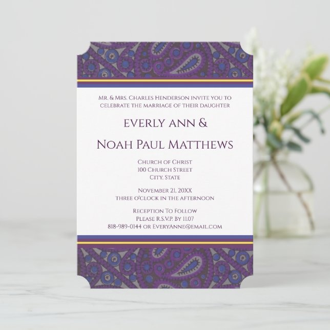 Purple Plum Paisley Wedding Invitation (Standing Front)